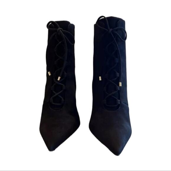 Good American Suede Stiletto Black Ankle Boots Bootie Gold Slim Heel Size 7 NWT - Picture 6 of 6